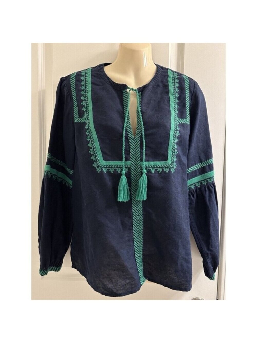 J. Crew Women’s Embroidered Boho Linen & Cotton Navy & Green Top Blouse Size‎ 10